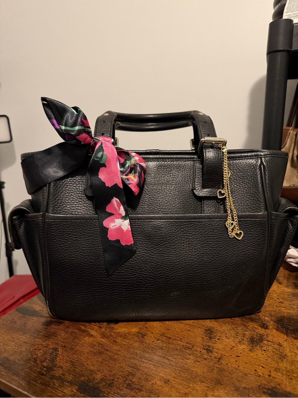 Black Leather Burberry tote with matching Burberry wallet and scarf and charms